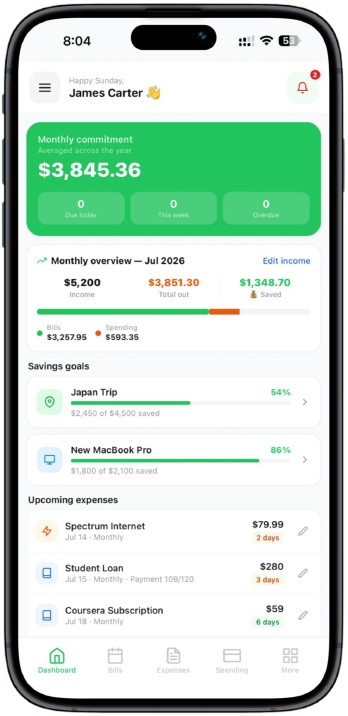 Budgsy app home screen showing monthly overview and upcoming bills